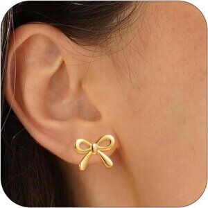 14K Gold Plated Bow Earrings – Adjustable Stud & Dangle Design, Hypoallergenic